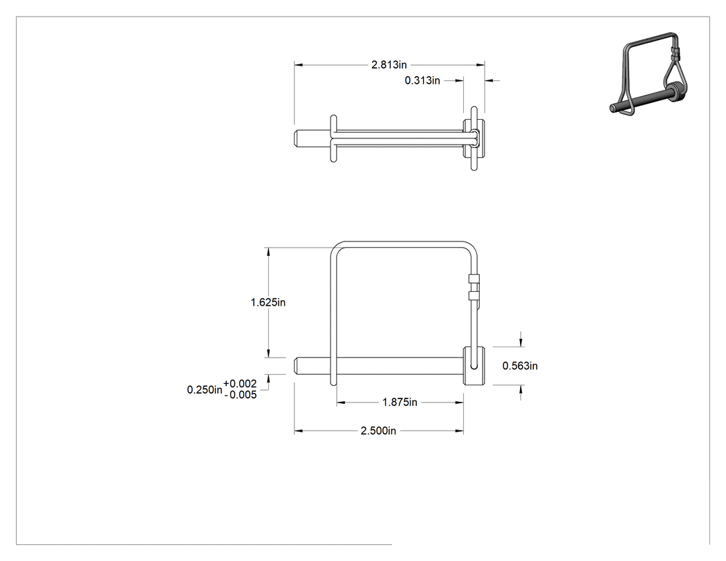 Teknik Çizim - Tel Tutuculu Çatal Pimi, 1004-1045 Çelik, Halkalı Kare, 1/4" Çap, 1-7/8" Kullanılabilir Uzunluk