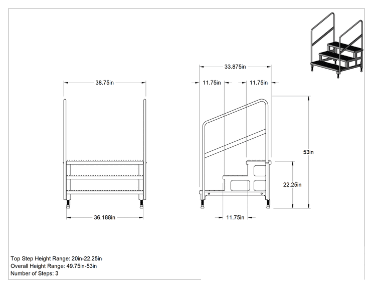 Teknik Çizim - Yüksekliği Ayarlanabilir Çalışma Platformu, 3 Basamak ve Korkuluk, 49.75"-53" Yükseklik x 38" Genişlik x 34" Derinlik Toplam