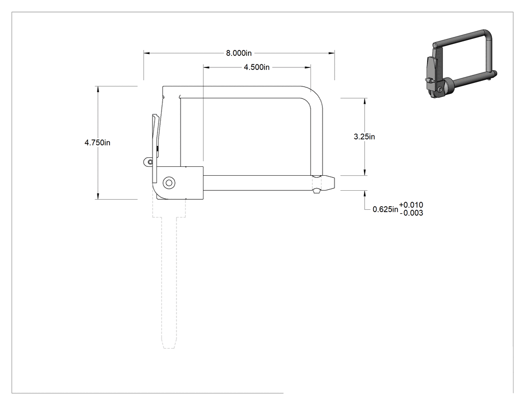 Teknik Çizim - Kilitli Tutuculu Çatal Pim, 5/8" Çap, 4-1/2" Kullanılabilir Uzunluk