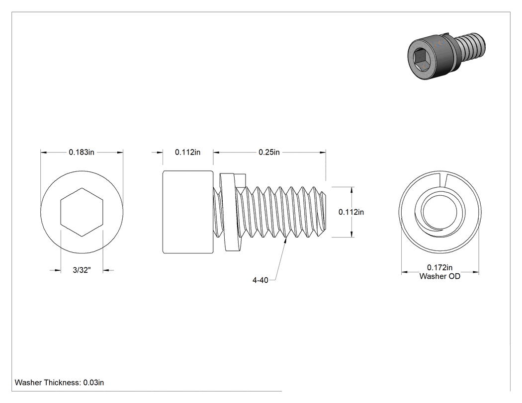 Teknik Çizim - Yarık Kilit Pullu Alaşımlı Çelik Alyan Başlı Vida, 4-40 Diş Boyutu, 1/4" Uzunluk