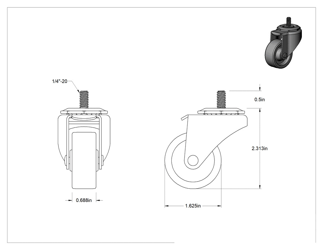 Teknik Çizim - Dişli Saplı Döner Tekerlek, Düşük Profil, 1/4"-20, 1-5/8" Çaplı Polipropilen Tekerlek, 1/2" Uzunluk