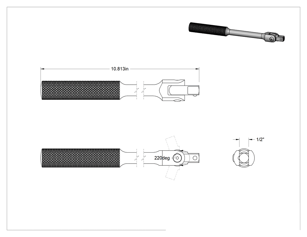 Teknik Çizim - Anahtar Sapı, 1/2" Kare Tahrik, 10-7/8" Uzunluk, Siyah Oksit