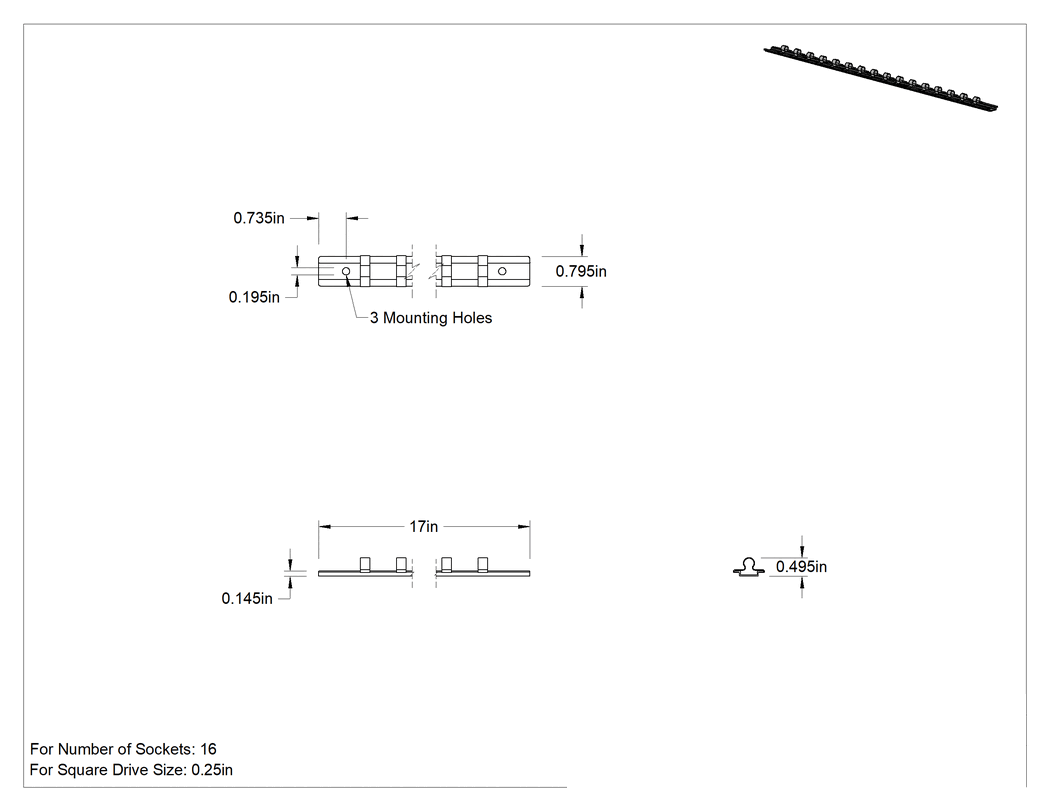 Teknik Çizim - Klipsli Ray Soket Düzenleyici, On altı adet 1/4" Kare Tahrik Soketi için