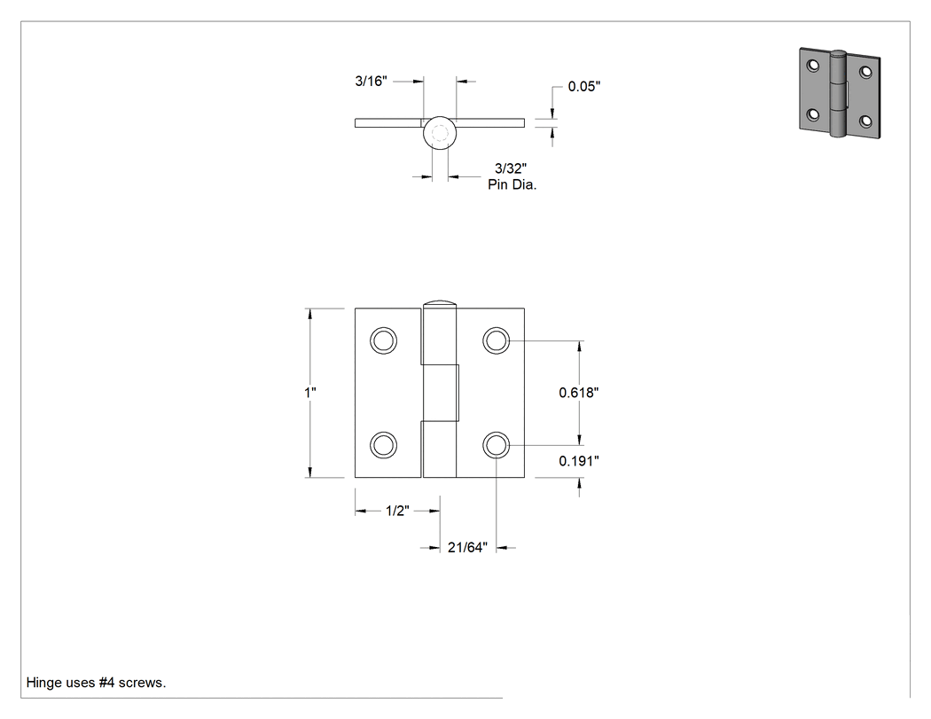 Teknik Çizim - Delikli Gömme Montaj Menteşesi, Çıkarılabilir Pim, Çinko Kaplı Çelik, 1" x 1/2" Yapraklar