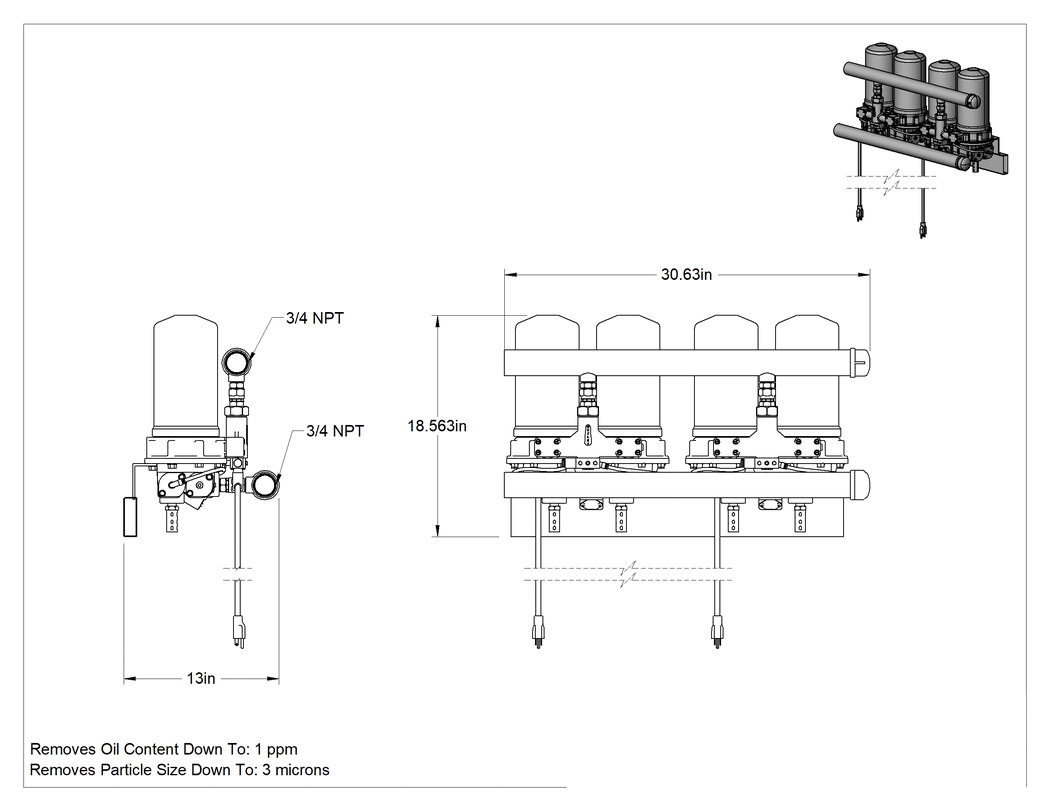Teknik Çizim - Filtreli Kurutucu Basınçlı Hava Kurutucu, Otomatik, Sürekli Kullanım, 1-1/2 NPT, 36 scfm