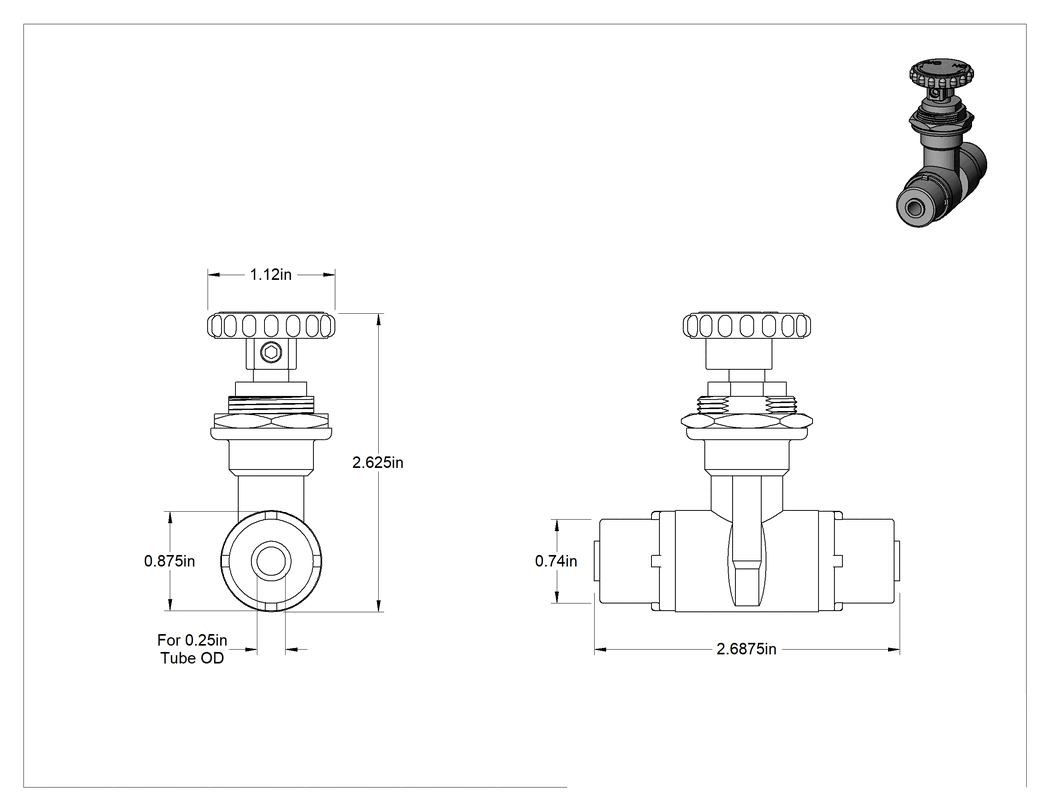 Teknik Çizim - Kimyasallar için Hassas Akış Ayar Valfi, Bas-Bağlan, 1/4" Boru Dış Çapı için