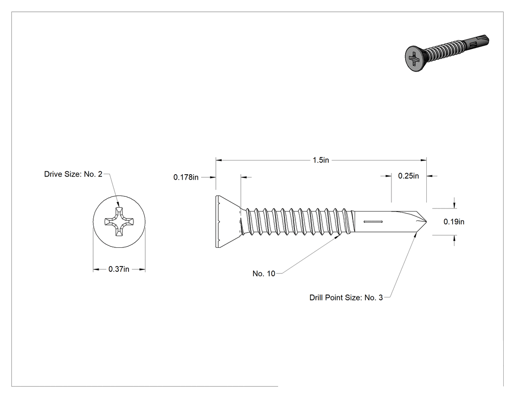 Teknik Çizim - Paslanmaz Çelik Delme Vidası, Ahşap-Metal, 10 numara, 1-1/2" Uzunluk