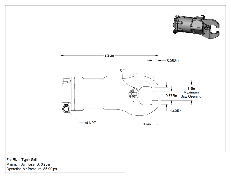 Teknik Çizim - Masif Perçinler için Pnömatik Sıkma Aleti, Timsah Çenesi, 1.5 inç Boğaz Derinliği, 9-1/4" Uzunluk