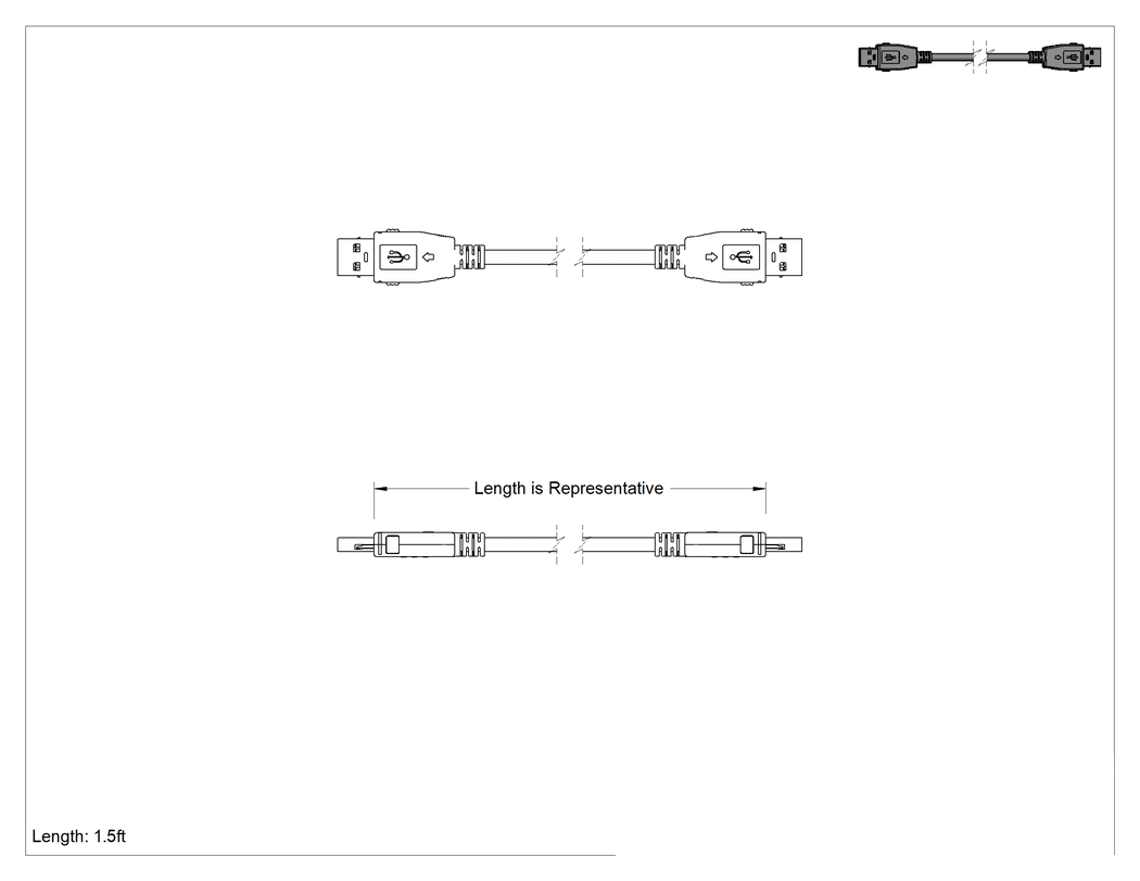 Teknik Çizim - Kilitli USB Kablosu, A Fiş x A Fiş, 1-1/2 Fit Uzunluk