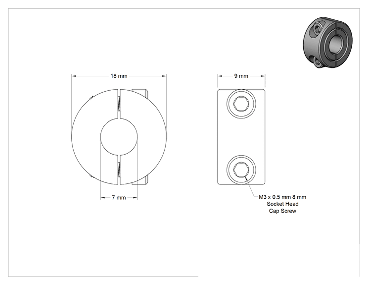 Teknik Çizim - Çinko Kaplı Çelik İki Parçalı Sıkıştırma Mil Bileziği, 7 mm Mil Çapı için, 18 mm Dış Çap, 9 mm Genişlik