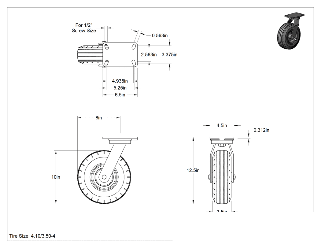Teknik Çizim - Pnömatik Tekerlek, 10" Çap x 3-1/2" Genişlikte Siyah Kauçuk Tekerlekli Döner