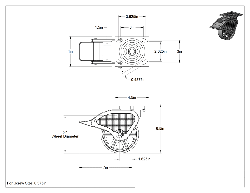 Teknik Çizim - 4-1/2" x 4" Montaj Plakalı Samson Tekerlek, Tam Kilitli ve 5 inç Çapında Metal Tekerlekli Döner Ayak