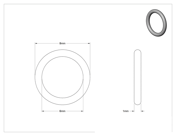 Teknik Çizim - Ultra Kimyasal Dirençli Sert PTFE O-Ring, 1 mm Genişlik, 6 mm İç Çap