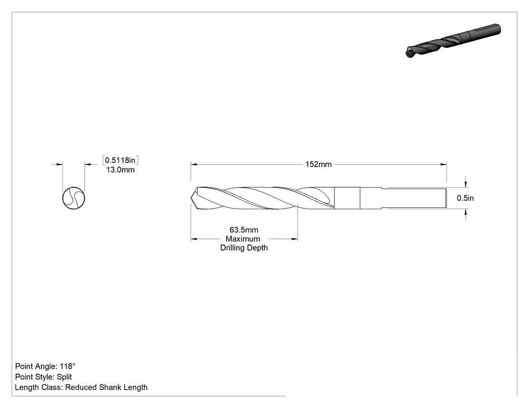 Teknik Çizim - 1/2" Çapında Daraltılmış Şaftlı Matkap Ucu, Şaftta Düz Yüzeyli, Siyah ve Altın Oksitli Yüksek Hızlı Çelik, 13 mm Boyut