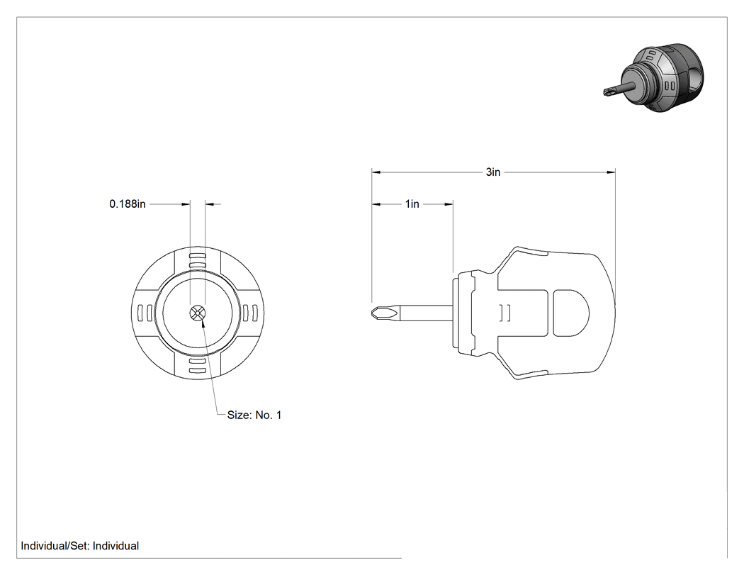 Teknik Çizim - Tornavida, 1 Numaralı Phillips Ucu, 3" Toplam Uzunluk