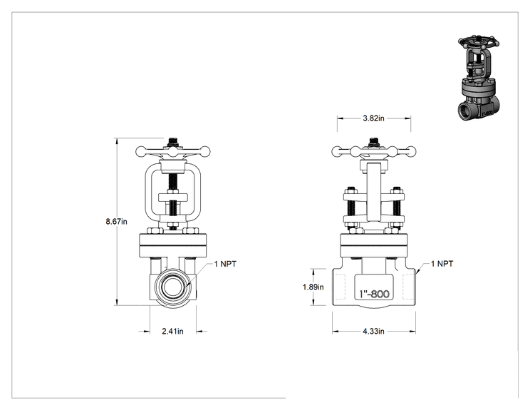 Teknik Çizim - Yüksek Basınçlı Kademeli Açma/Kapama Vanası, Basınç Sınıfı 800, Çelik, Standart Bağlantı Noktası, 1 NPT Dişi