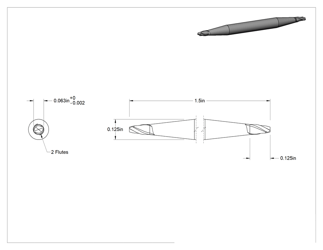 Teknik Çizim - İki Freze Uçlu Karbür Kare Uçlu Freze, AlTiN Kaplamalı, 2 Yiv, 1/16" Freze Çapı, 1-1/2" Toplam Uzunluk