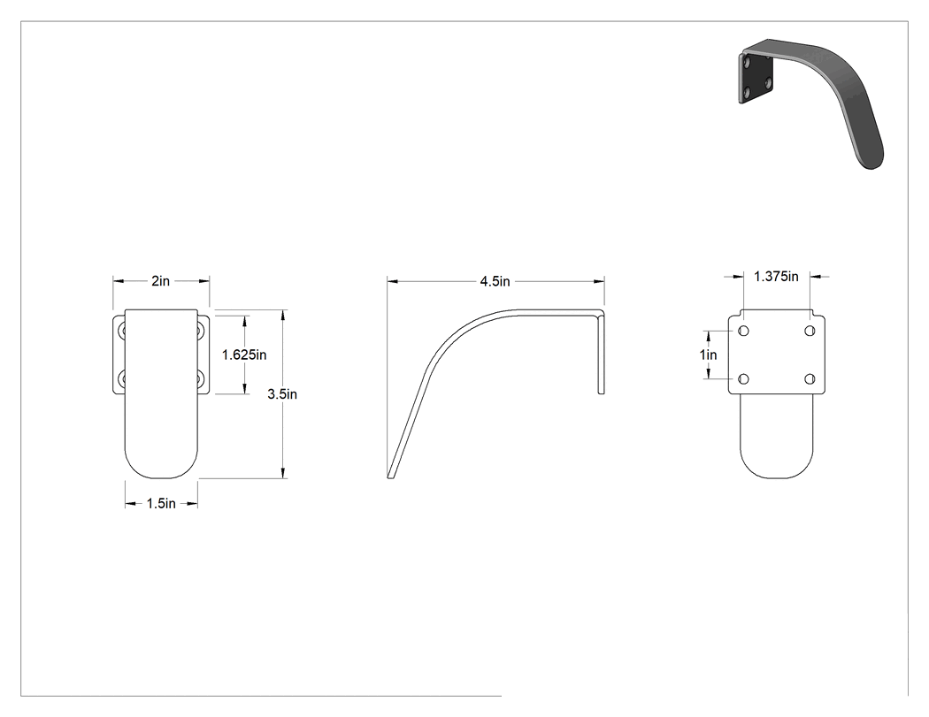 Teknik Çizim - Paslanmaz Çelik Kol Çekme Kolu, 1-1/2" Genişlik x 3-1/2" Yükseklik Başlık