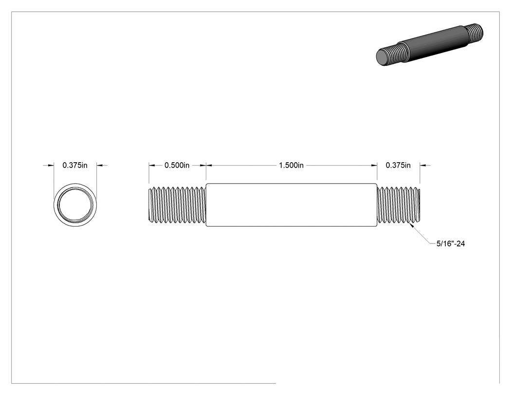 Teknik Çizim - 5/16"-24 Dişli Paslanmaz Çelik Kol Mili, 1-1/2" Uzunluk