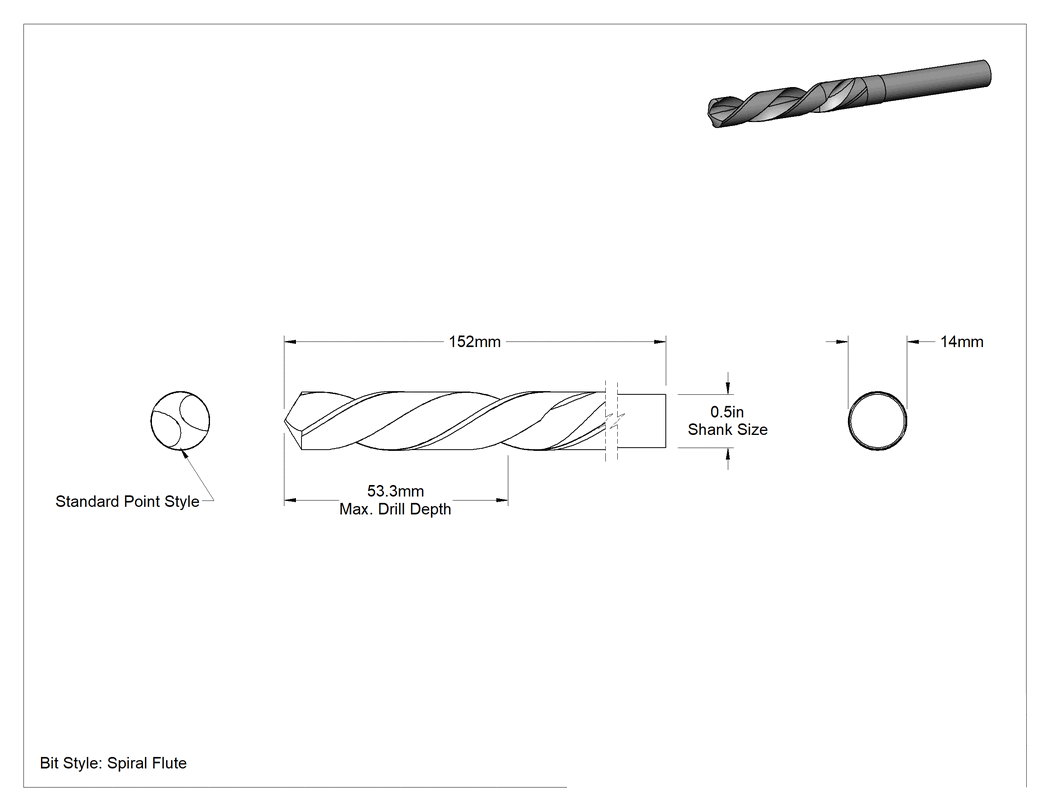 Teknik Çizim - 1/2" Çapında Daraltılmış Şaftlı Matkap Ucu, 14 mm Boyut