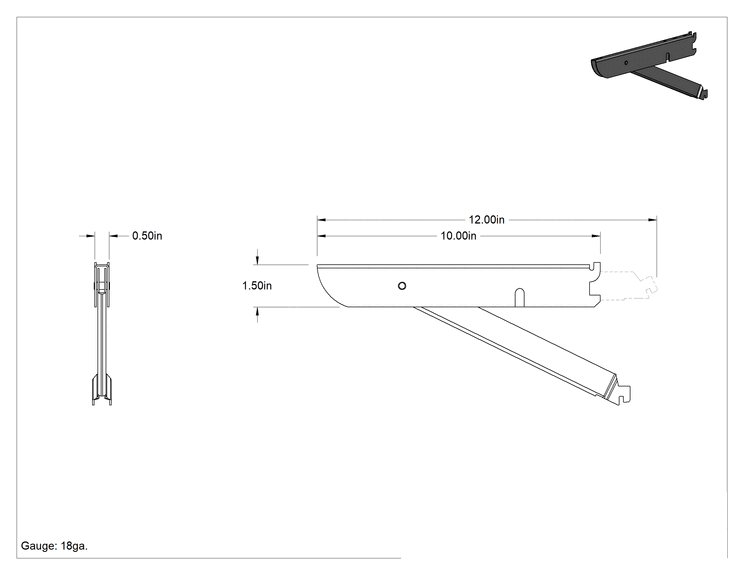 Teknik Çizim - Destekli 12" Derinlikli Hızlı Montajlı Raf Braketi