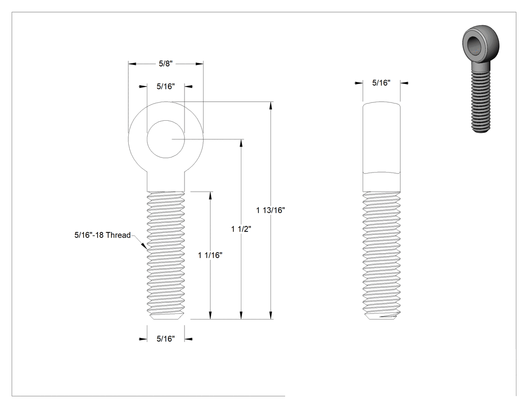 Teknik Çizim - Tam Gijon Ucu Cıvatası, Sağ Yönlü 5/16"-18 Şaft, 1-1/2" Şaft Merkez Uzunluğu