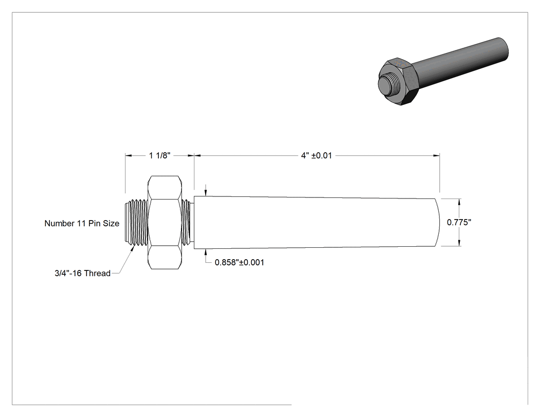 Teknik Çizim - 12L14 Karbon Çelik Dişli Konik Pim, 11 Numaralı Pim, 0.858" Büyük Uç Çapı, 4" Uzunluk