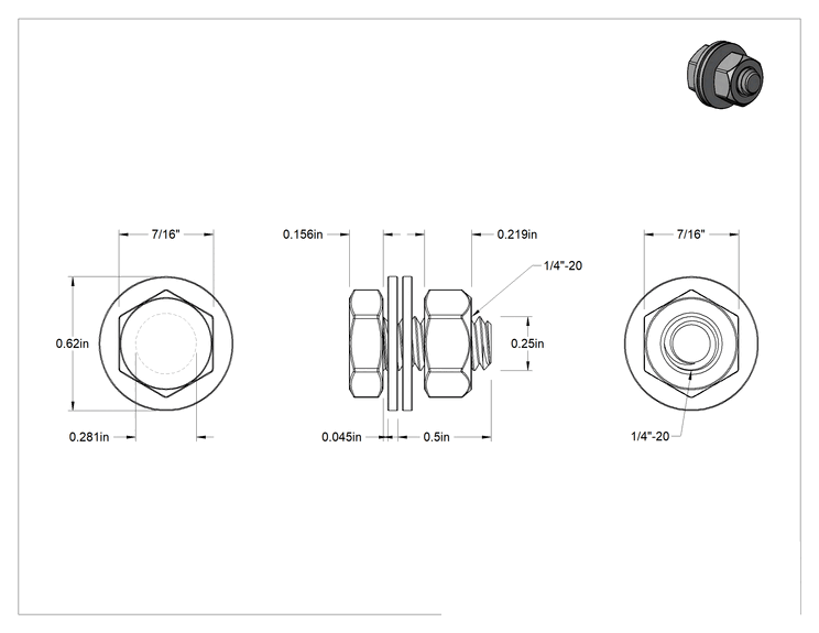 Teknik Çizim - Somun ve Pullu 18-8 Paslanmaz Çelik Altıköşe Başlı Vidalar, 1/4"-20 Diş Boyutu, 1/2" Uzunluk