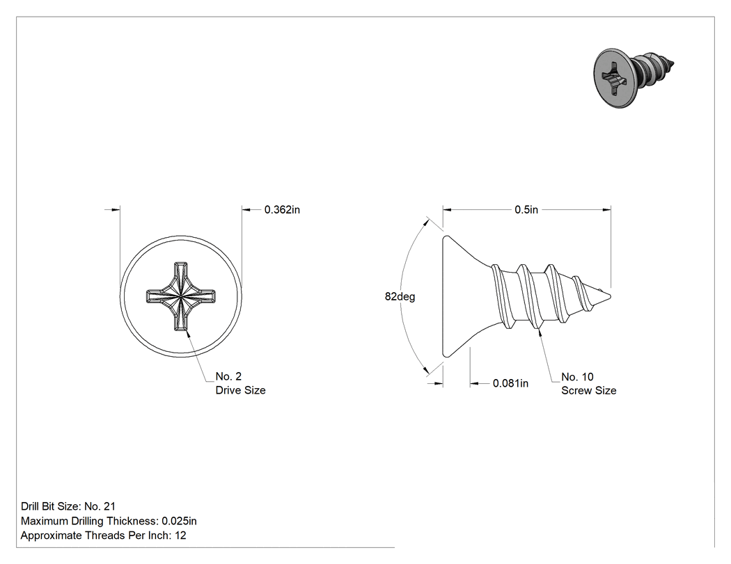 Teknik Çizim - Siyah Oksit Çelik Phillips Havşa Başlı Vidalar, Sac Metal için, 10 Numaralı Boyut, 1/2" Uzunluk, 0.362" Baş Çapı