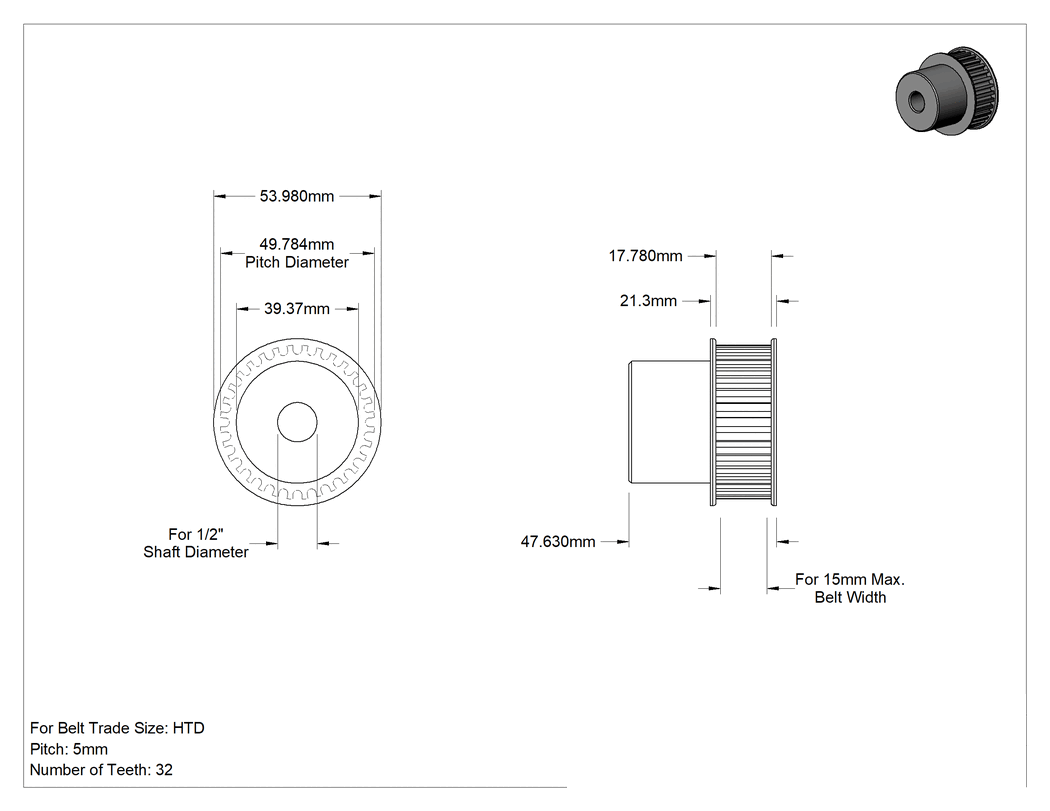 Teknik Çizim - Paslanma ve Aşınmaya Dayanıklı Paslanmaz Çelik HTD Triger Kayışı Kasnağı, Presle Takma, 15 mm Maksimum Kayış Genişliği için, 53.98 mm Dış Çap