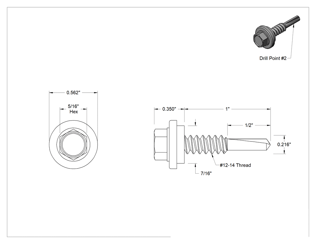 Teknik Çizim - 18-8 Paslanmaz Çelik Başlıklı ve Pullu Çelik Delme Vidaları, Metal için, Çelik, 12 Numaralı Boyut, 1" Uzunluk