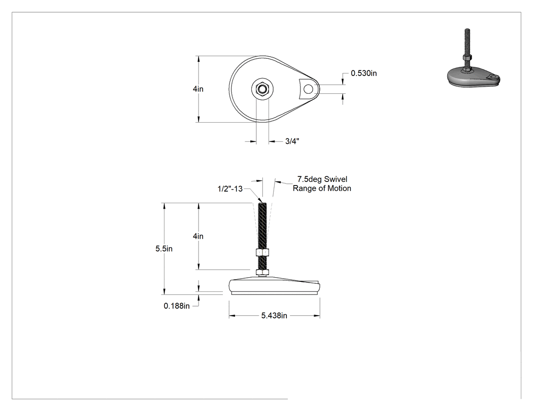Teknik Çizim - Cam Dolgulu Naylon Sabit Dönen Seviyeleme Montaj Parçası, Yastıklı ve 4" Uzunlukta 1/2"-13 Çinko Kaplı Saplamalı, 1 Ofset Delik