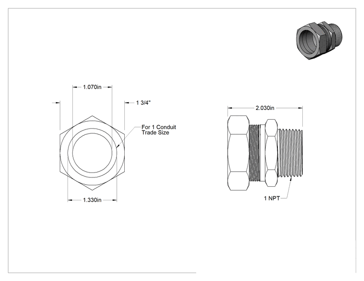 Teknik Çizim - 1 Sert Paslanmaz Çelik Kanal için Dişi - 1 NPT Erkek Adaptör