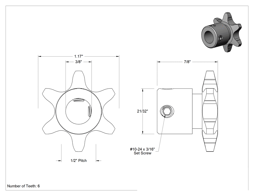 Teknik Çizim - Çelik Tek Sıralı Dişli, ANSI 41 Makaralı Zincir ve 3/8" Mil Çapı için, 6 Diş