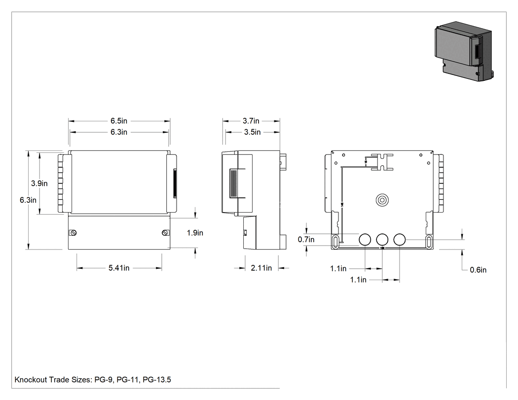 Teknik Çizim - Çift Bölmeli Toz Geçirmez Muhafaza, IP65 Sınıfı, 6-1/2" x 6-1/2" x 3-3/4"