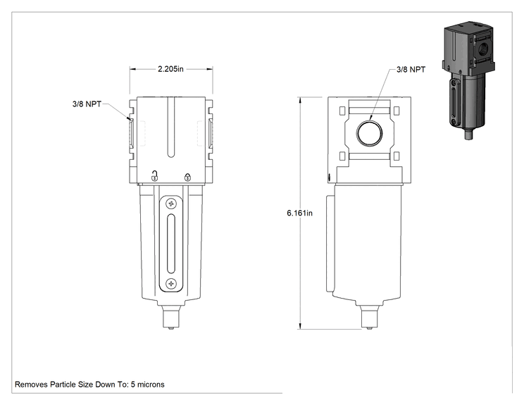 Teknik Çizim - ARO 1500 Numaralı Partikül Hava Filtresi, 3/8 NPT