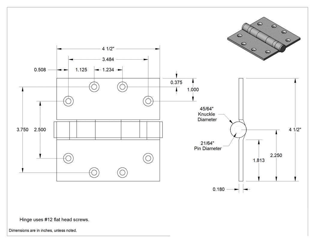 Teknik Çizim - Gömme Montajlı Giriş Kapısı Şablonu Menteşesi, Rulmanlı, Paslanmaz Çelik, Çıkarılamayan Pim, 4.5 inç x 2-1/4 inç Yapraklar