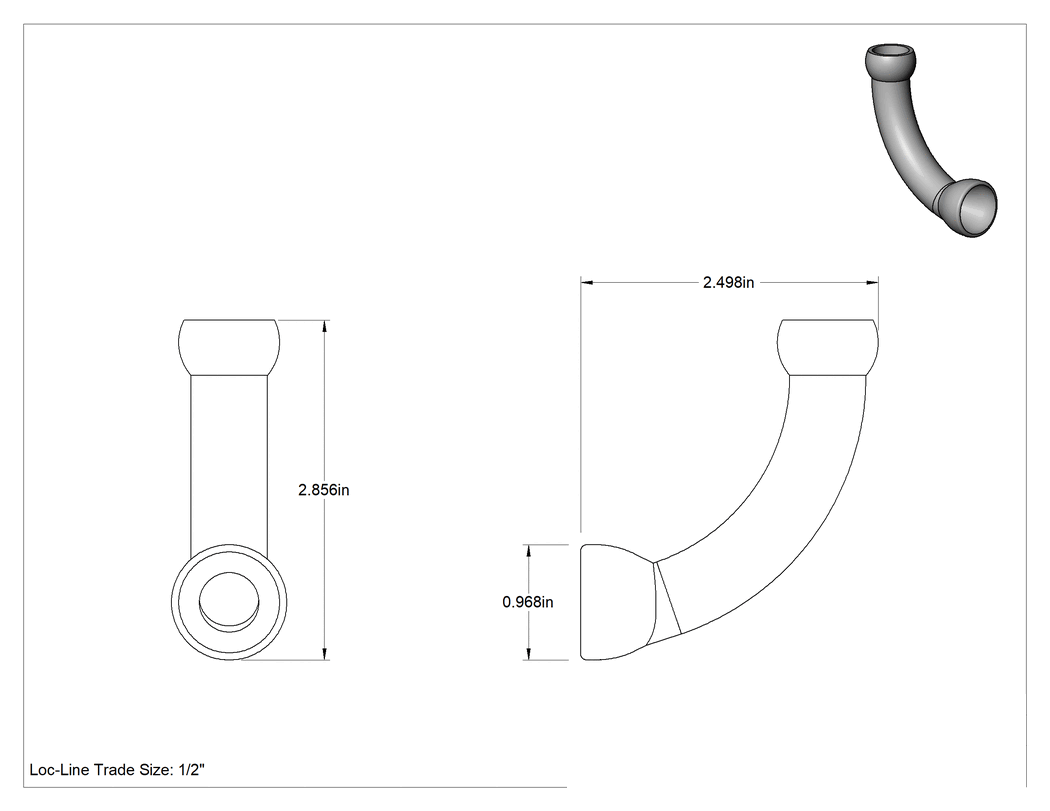 Teknik Çizim - 1/2" Loc-Line Soğutma Sıvısı Hortumu için 90 Derece Dirsek Konektörü