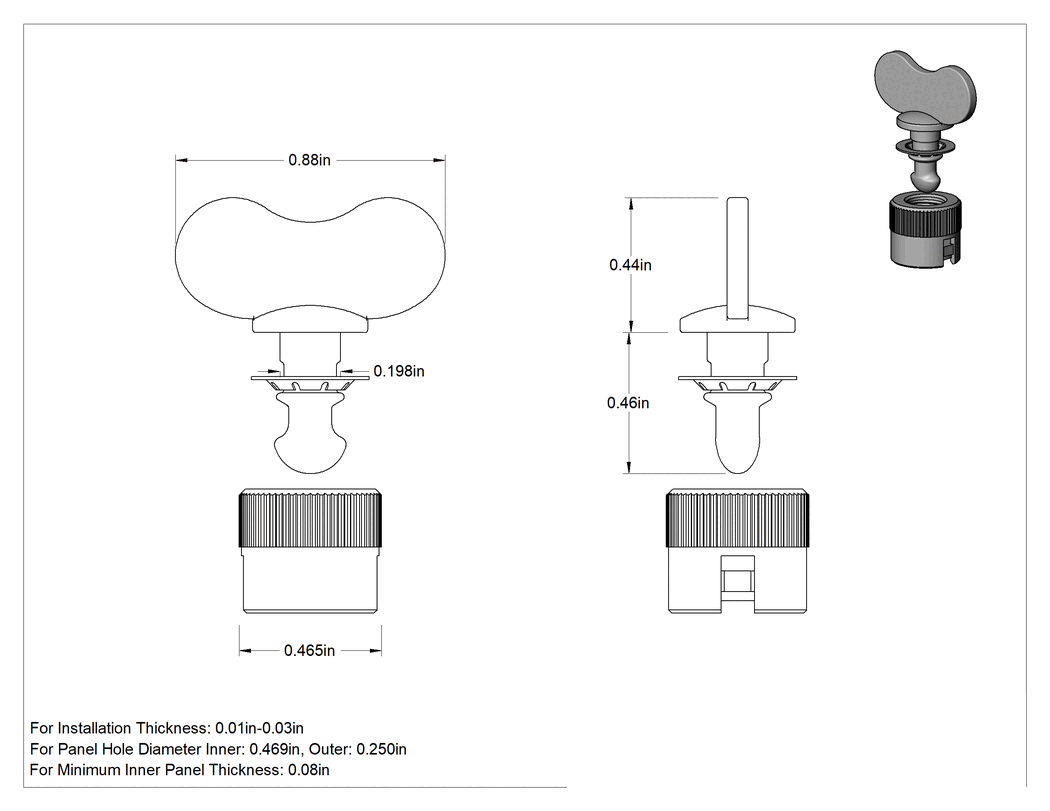 Teknik Çizim - Çinko Kaplı Çelik Çeyrek Dönüşlü Sabit Panel Vidası, Ön Presli Somun, Kanat Başlığı, 0.01"-0.03" kalınlık için