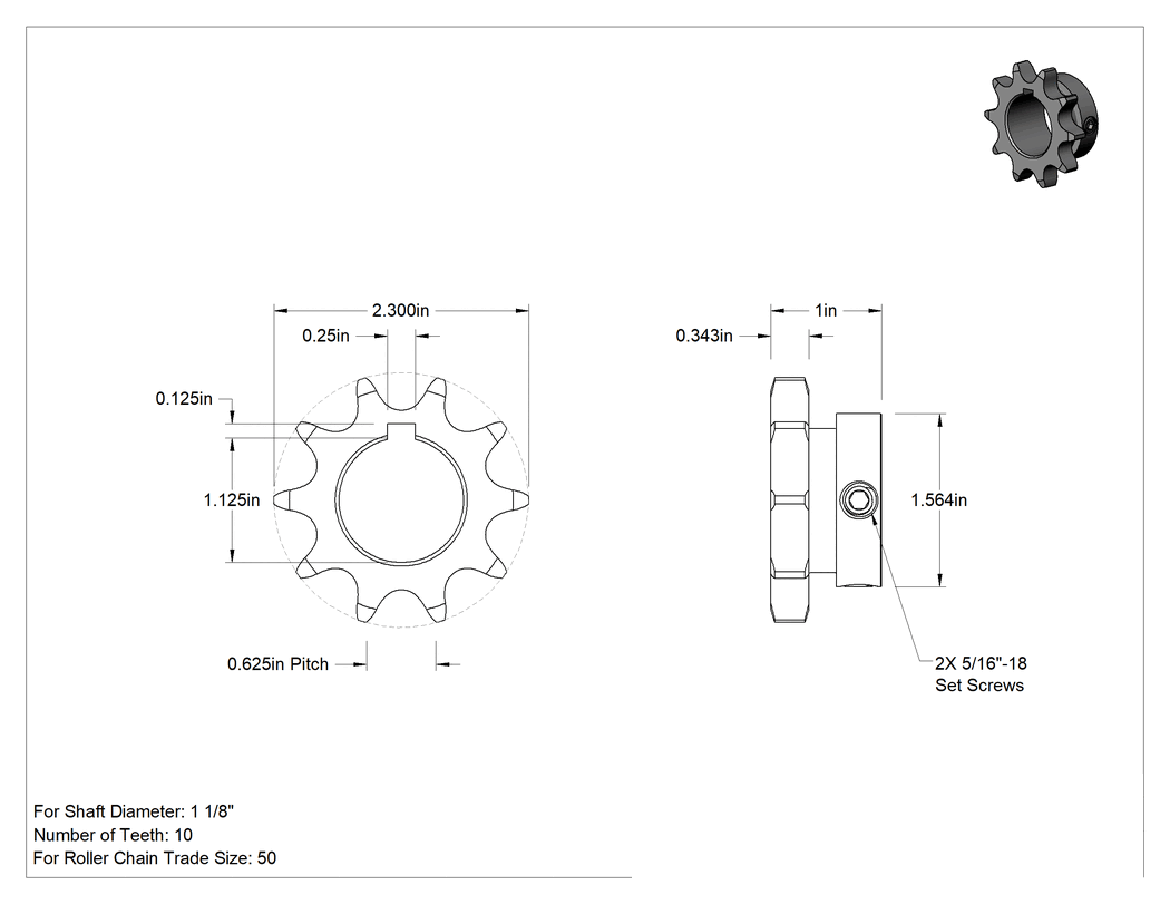 Teknik Çizim - Çelik Tek Sıralı Dişli, ANSI 50 Makaralı Zincir ve 1-1/8" Mil Çapı için, 10 Diş
