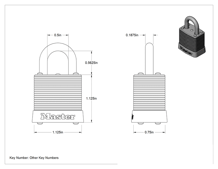 Teknik Çizim - Lamine Çelik Gövdeli Asma Kilit, Master Lock 7 Aynı Anahtarlı