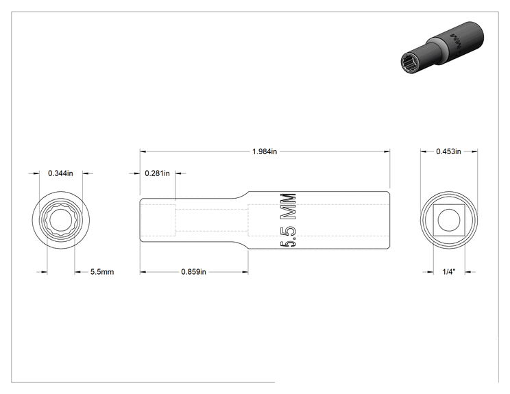 Teknik Çizim - 12-Uçlu Derin Soket, Krom, 1/4" Tahrik, 5.5 mm Boyut