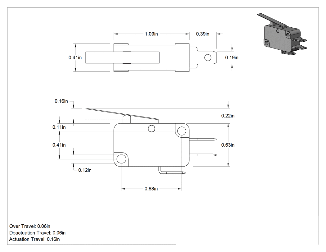 Teknik Çizim - Minyatür Anında Çalışan Anahtar, Kol Aktüatörü, Faston Terminaller, 250 V AC/125 V DC Maksimum