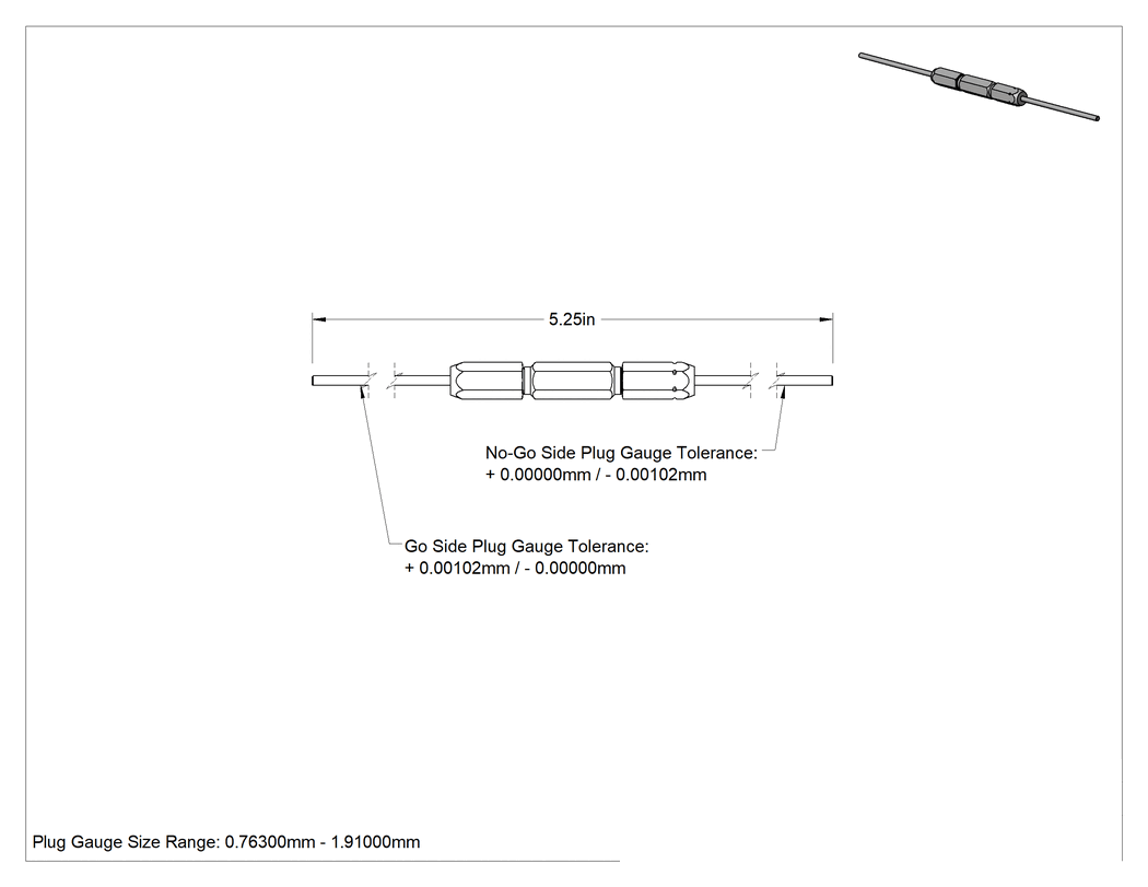 Teknik Çizim - Saplı Tıkaç Ölçer, Sınıf x 0.7630 mm ila 1.9050 mm arası boyutlar