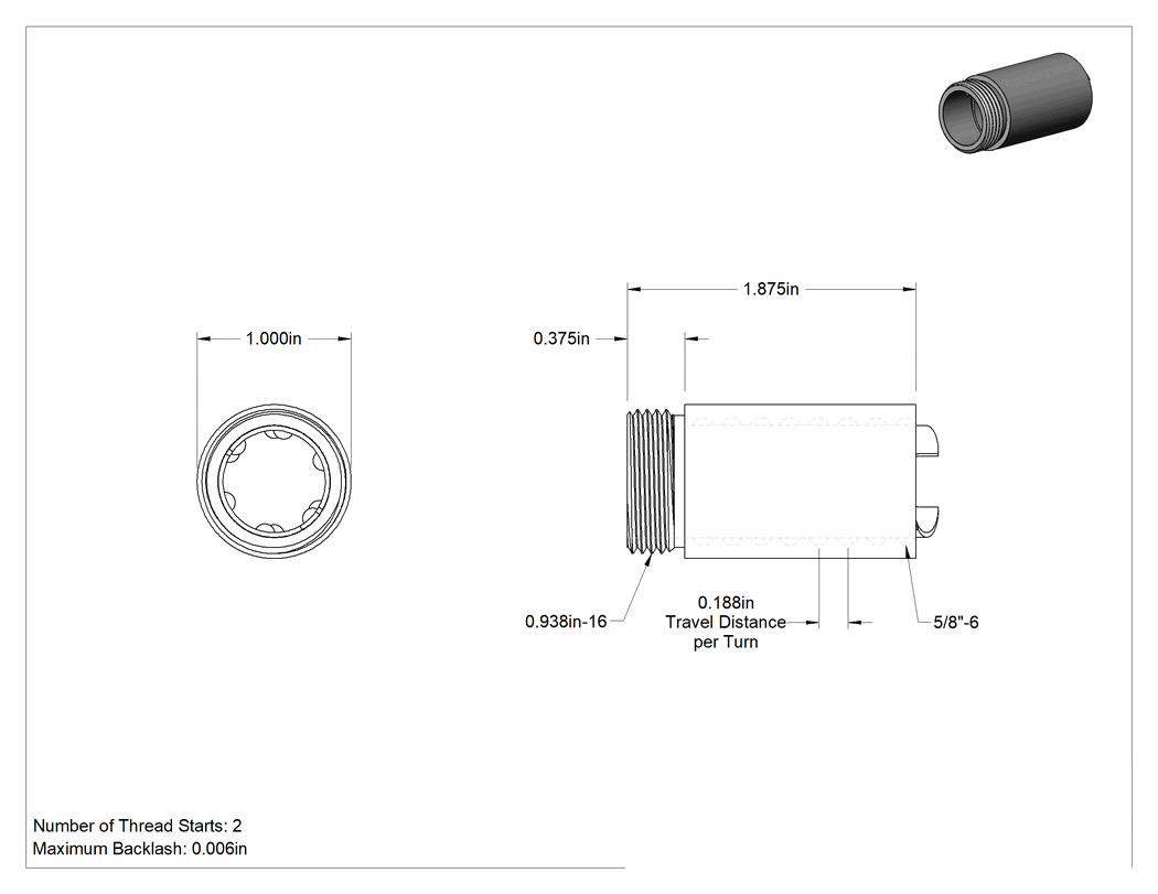 Teknik Çizim - Kendinden Durdurmalı Top Vidası için 5/8"-6 Dişli Dıştan Dişli Top Somun