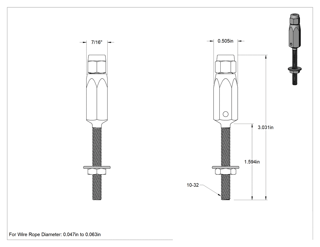 Teknik Çizim - Plug-Lock Tel Halat Uç Bağlantı Elemanı - Kaldırma için, Çelik, Saplama Ucu, 3/64" ila 1/16" Halat Çapı için
