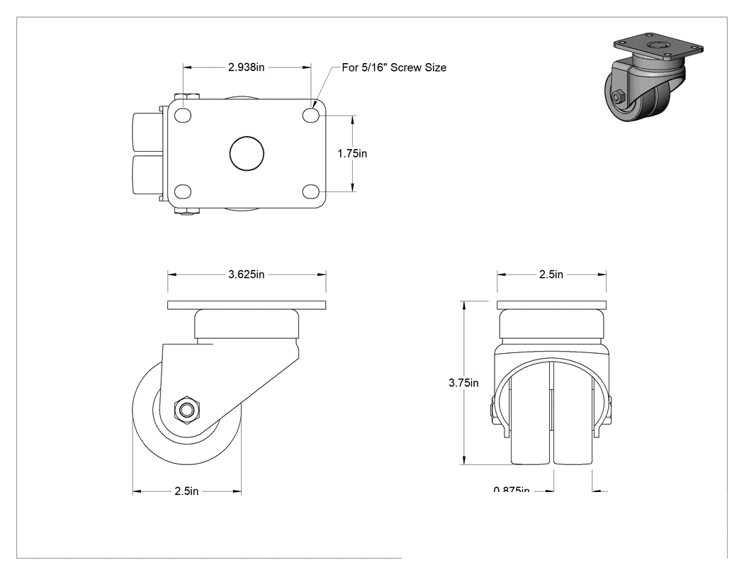 Teknik Çizim - Cart-King Tekerlek, 2-1/2" Çapında 80A Durometre Neopren Kauçuk Tekerlekli Döner
