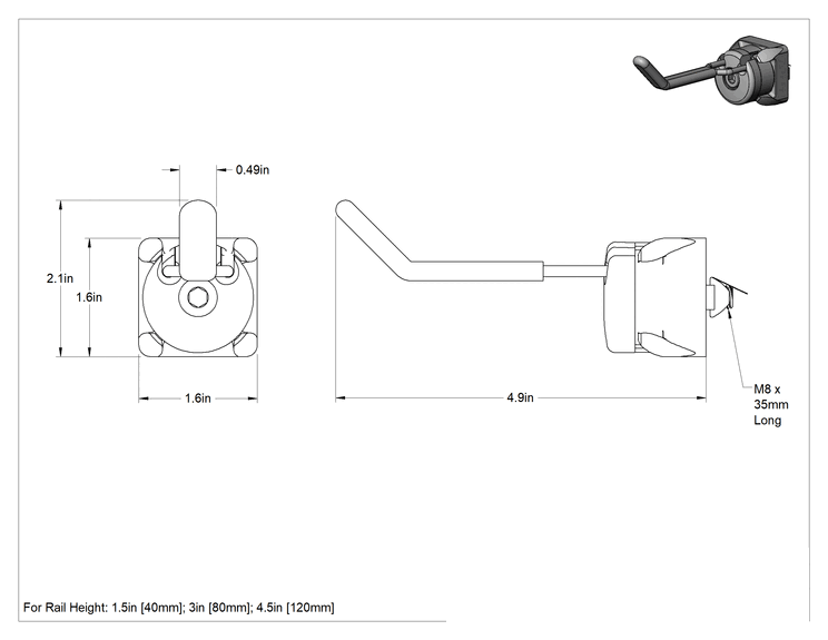 Teknik Çizim - T-Yivli Çerçeve, Kanca Alet Tutucu 1.5 inç ve 40 mm Ray, 4-15/16" Çıkıntı