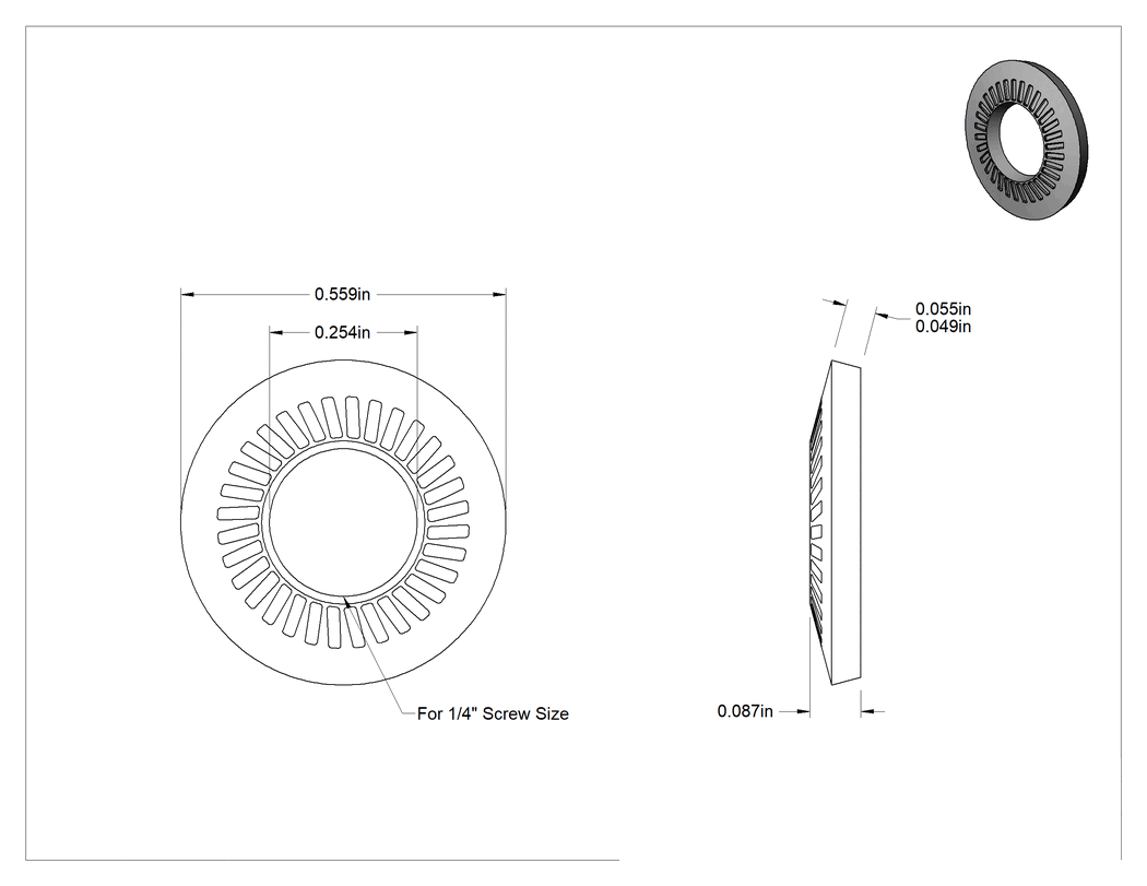Teknik Çizim - Ağır Titreşime Dayanıklı Çelik Yaylı Kilit Pul, 1/4" Vida Boyutu için, 0.254" İç Çap, 0.559" Dış Çap