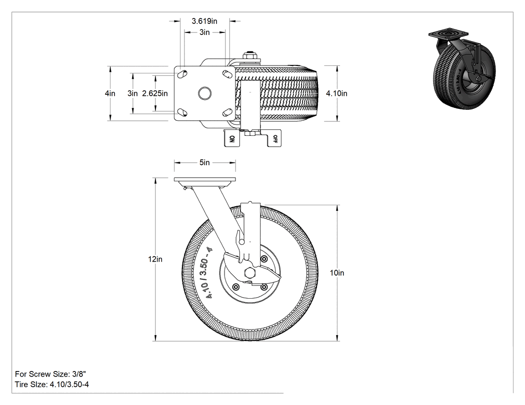 Teknik Çizim - 4-1/2" x 4" Plakalı Tekerlek, Frenli Döner Tekerlek, 10" Çaplı Sert Kauçuk Pnömatik Disk